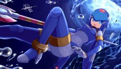 Rule 34 | 1girl, android, blue eyes, boots, breasts, bubble, gloves, helmet, highres, holding, holding polearm, holding weapon, ice, ice dragon, leg up, fairy leviathan (mega man), looking at viewer, medium breasts, mega man (series), mega man x (series), mega man x dive, mega man zero (series), nanayaryuoo, open mouth, polearm, robot, robot girl, signature, smile, solo, spear, sunlight, thigh boots, thighhighs, tongue, tongue out, underwater, water, weapon, white gloves