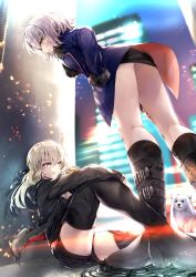 Rule 34 | 2girls, absurdres, ahoge, artoria pendragon (all), artoria pendragon (fate), ass, back, black dress, black footwear, black jacket, blue coat, blush, boots, breasts, burger, cavall the 2nd, cityscape, coat, dog, dress, eating, fate/grand order, fate/stay night, fate (series), food, fur-trimmed coat, fur trim, hane yuki, highres, hood, hooded jacket, huge filesize, jacket, jeanne d&#039;arc (fate), jeanne d&#039;arc alter (fate), jeanne d&#039;arc alter (ver. shinjuku 1999) (fate), knee boots, large breasts, legs, long hair, long sleeves, multiple girls, official alternate costume, open clothes, open coat, open jacket, ponytail, saber alter, saber alter (ver. shinjuku 1999) (fate), short dress, silver hair, sitting, thigh boots, thighhighs, wicked dragon witch ver. shinjuku 1999, yellow eyes