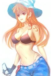 Rule 34 | 1girl, anri (110804), bikini, black bikini, black gloves, blue hat, blue pants, breasts, brown eyes, cleavage, collarbone, earrings, floating hair, gloves, groin, hat, holding, holding removed eyewear, jewelry, large breasts, long hair, nami (one piece), navel, one piece, orange hair, pants, parted lips, simple background, sketch, solo, striped clothes, striped headwear, swimsuit, tattoo, unworn eyewear, white background
