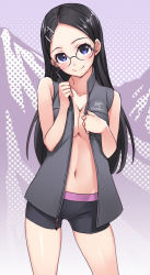 Rule 34 | 10s, 1girl, bare shoulders, bike shorts, black hair, blue eyes, blush, breasts squeezed together, breasts, cleavage, contrapposto, cowboy shot, glasses, hair ornament, hairclip, head tilt, long hair, looking at viewer, matsuryuu, navel, no bra, open clothes, saitou kaede (yama no susume), short shorts, shorts, smile, solo, standing, vest, yama no susume