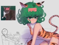 Rule 34 | 1girl, absurdres, anger vein, animal ear fluff, animal ears, animal hands, animal print, arm support, bare shoulders, breasts, closed mouth, commentary, daniel deves, dress, english commentary, english text, facial mark, gloves, green eyes, green hair, highres, medium hair, one-punch man, paw gloves, photo-referenced, print dress, print legwear, reference inset, small breasts, tail, tatsumaki, thick eyebrows, thighhighs, tiger ears, tiger print, tiger tail, v-shaped eyebrows, whisker markings