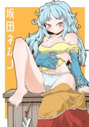 Rule 34 | 1girl, barefoot, blue hair, breasts, cleavage, detached sleeves, long hair, looking at viewer, machete, panties, red eyes, sakata nemuno, silver hair, simple background, sitting, solo, text focus, touhou, underwear, undressing, zannen na hito