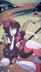 Rule 34 | 1girl, absurdres, bird, black hair, black kimono, bridge, building, closed eyes, commentary request, daisi gi, elbow on another&#039;s head, facing viewer, fate/grand order, fate (series), feet out of frame, flower, hair flower, hair ornament, hairpin, hand on own cheek, hand on own face, highres, japanese clothes, katsushika hokusai (fate), kimono, lying, multiple hairpins, obi, on back, oversized object, paintbrush, sash, serious, short hair, short sleeves, solo, tokitarou (fate), water, yellow sash