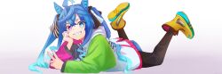 Rule 34 | 1girl, ahoge, animal ears, ankle boots, aqua hair, black bodysuit, black ribbon, blue eyes, blue hair, bodysuit, boots, clothes writing, coat, commentary, gradient background, grey background, hair ribbon, heterochromia, highres, horse ears, horse girl, horse tail, legs up, long hair, long sleeves, looking at viewer, lying, multicolored coat, noritama 0410, on stomach, open mouth, purple eyes, ribbon, sharp teeth, sidelocks, smile, solo, tail, teeth, twin turbo (umamusume), twintails, umamusume, v, very long hair, yellow footwear