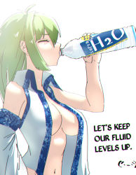 Rule 34 | 1girl, ahoge, bottle, breasts, chromatic aberration, detached sleeves, drink, drinking, closed eyes, green hair, hard-translated, kinketsu, kochiya sanae, large breasts, long hair, long sleeves, midriff, navel, open clothes, open shirt, profile, shirt, simple background, solo, sweat, team shanghai alice, text focus, third-party edit, touhou, translated, white background, wide sleeves