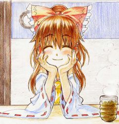 Rule 34 | 1girl, ^ ^, ascot, blush, bow, brown hair, closed eyes, colored pencil (medium), cup, detached sleeves, facing viewer, female focus, frilled bow, frills, graphite (medium), hair bow, hair tubes, hakurei reimu, hands on own cheeks, hands on own face, happy, japanese clothes, miko, red bow, ribbon, ribbon-trimmed sleeves, ribbon trim, sakino shingetsu, smile, solo, steam, touhou, traditional media, upper body, yunomi