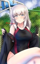 Rule 34 | 1girl, black jacket, blue eyes, blush, breasts, competition swimsuit, frown, girls und panzer, highres, itsumi erika, jacket, kuromorimine military uniform, large breasts, crossed legs, looking at viewer, medium hair, one-piece swimsuit, redbaron, silver hair, solo, swimsuit, twitter username