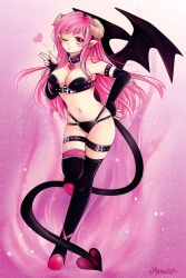 Rule 34 | 1girl, armband, black bra, black gloves, black panties, black thighhighs, blowing kiss, blush, bra, breasts, bridal garter, cleavage, collar, collarbone, demon girl, demon horns, demon tail, demon wings, fingerless gloves, fire, gloves, hand on own hip, heart, highres, horns, large breasts, long hair, looking at viewer, meawsy, one eye closed, open mouth, panties, pink background, pink eyes, pink footwear, pink hair, pointy ears, shoes, standing, tail, thigh strap, thighhighs, underwear, wings, wink