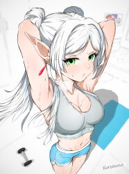 Rule 34 | absurdres, armpits, drop earrings, earrings, elf, frieren, green eyes, highres, jewelry, long hair, mat, pointy ears, shorts, simple background, smell, solo, sousou no frieren, sports bra, steam, steaming body, sweat, sweatdrop, twintails, white hair