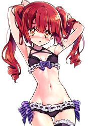 Rule 34 | 1girl, absurdres, armpits, arms up, bikini, black bikini, blush, bow, bow bra, bow panties, bra, breasts, brown hair, frilled bikini, frills, gothic lolita, hanazono yurine, highres, jashin-chan dropkick, lolita fashion, long hair, looking at viewer, navel, official art, open mouth, panties, parted lips, purple bow, simple background, small breasts, smile, solo, striped, striped bow, swimsuit, thigh gap, twintails, underwear, white background, yellow eyes, yukiwo