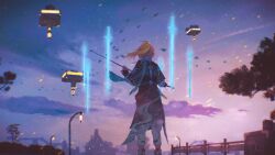Rule 34 | 1boy, absurdres, blonde hair, chinese clothes, cloud, commentary request, from behind, gloves, highres, holding, holding weapon, honkai: star rail, honkai (series), long sleeves, male focus, multiple swords, outdoors, pants, ponytail, saisho (qpoujr), scenery, short hair, sky, solo, standing, sunrise, weapon, white pants, yanqing (honkai: star rail)