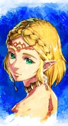 Rule 34 | 1girl, absurdres, aduti momoyama, bare shoulders, blonde hair, blue background, braid, circlet, closed mouth, commentary request, crown braid, earrings, green eyes, highres, jewelry, looking at viewer, looking to the side, necklace, nintendo, official alternate costume, official style, parted bangs, pointy ears, princess zelda, short hair, solo, the legend of zelda, the legend of zelda: tears of the kingdom, upper body