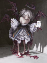 Rule 34 | + +, 1girl, barcode, bare shoulders, barefoot, black bow, blush, bone, bow, closed mouth, clothes writing, cross, cross necklace, dark halo, earrings, eldritch abomination, extra eyes, eyes visible through hair, fingernails, frills, grey hair, hair between eyes, halo, highres, holding, holding stylus, holding tablet pc, jewelry, long hair, looking at viewer, mechanical halo, multiple wings, nail polish, necklace, open mouth, original, osobachan, pink nails, sleeves past wrists, smile, solo, stylus, symbol-shaped pupils, tablet pc, teeth, toenails, twintails, wings