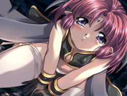 Rule 34 | 1girl, blush, cleavage cutout, clothing cutout, demon, demon girl, dutch angle, facial mark, flat chest, forehead mark, game cg, gloves, head wings, kity saifuon, men at work! 2, midriff, non-web source, pink hair, pointy ears, purple eyes, sad, short hair, solo, tears, thighhighs, white thighhighs, wings, yamamoto kazue