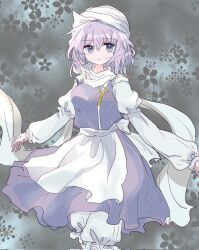 Rule 34 | 1girl, apron, closed mouth, commentary request, feet out of frame, grey background, grey eyes, highres, letty whiterock, light purple hair, looking at viewer, polearm, purple skirt, purple vest, scarf, skirt, smile, solo, touhou, trident, vest, waist apron, weapon, white apron, white scarf, zabuton (mgdw5574)