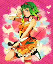 Rule 34 | 1girl, bad id, bad pixiv id, candy, food, goggles, goggles on head, green eyes, green hair, gumi, highres, lollipop, matching hair/eyes, microphone, nail polish, one eye closed, orange skirt, red nails, short hair, skirt, solo, tim (tim411), vocaloid, wink, wrist cuffs