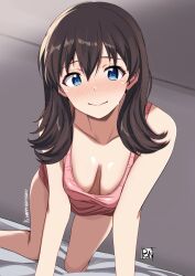 Rule 34 | 1girl, all fours, bare shoulders, bed sheet, blue eyes, blush, breasts, brown hair, cleavage, commentary request, dutch angle, hair down, highres, idolmaster, idolmaster million live!, leaning forward, long hair, looking at viewer, medium breasts, pink tank top, ponpon, satake minako, solo, tank top