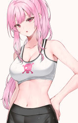 Rule 34 | 1girl, bare arms, bare shoulders, breasts, cleavage, collarbone, crop top, hand on own hip, highres, hololive, hololive english, large breasts, long hair, looking at viewer, michelan, midriff, mori calliope, mori calliope (streetwear), navel, pants, parted lips, pink hair, ponytail, red eyes, shirt, sidelocks, simple background, sleeveless, sleeveless shirt, solo, stomach, sweat, upper body, virtual youtuber, white background, white shirt, yoga pants