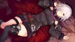 Rule 34 | 1girl, bare shoulders, bed sheet, belt, belt pouch, black coat, black thighhighs, blush, clothing cutout, coat, feet out of frame, from above, fur-trimmed coat, fur-trimmed sleeves, fur trim, hair over one eye, half-closed eye, highres, hood, hood up, hooded coat, long sleeves, looking at viewer, lying, on back, on bed, parted lips, pouch, purple eyes, shadowverse, short hair, shoulder cutout, single thighhigh, solo, test tube, thigh strap, thighhighs, white hair, wizardess of oz, yamato (muchuu paradigm)