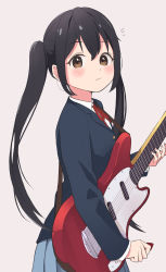 Rule 34 | 1girl, 1ssakawaguchi, absurdres, black hair, blush, electric guitar, fender mustang, guitar, highres, holding, holding instrument, instrument, k-on!, long hair, nakano azusa, school uniform, simple background, solo, twintails