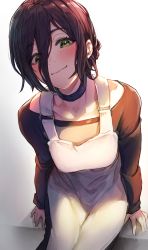 Rule 34 | 1girl, absurdres, apron, black choker, black hair, black shirt, blush, breasts, chainsaw man, choker, closed mouth, commentary, cowboy shot, eyelashes, eyes visible through hair, from above, gradient background, green eyes, grenade pin, grey background, hair between eyes, highres, long sleeves, looking at viewer, marse (rokudaime), medium breasts, reze (chainsaw man), shirt, short hair, simple background, sitting, smile, solo, sunlight, white apron
