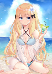 Rule 34 | 1girl, absurdres, aqua bikini, bad id, bad pixiv id, beach, bikini, black bow, blonde hair, blue eyes, blush, bow, breasts, criss-cross halter, cup, day, drink, drinking glass, drinking straw, elf, epicloot, flower, food, fruit, hair bow, hair down, hair flower, hair ornament, halterneck, highres, large breasts, lime (fruit), lime slice, long hair, looking at viewer, md5 mismatch, pointy ears, princess connect!, resolution mismatch, saren (princess connect!), saren (summer) (princess connect!), solo, source larger, string bikini, swimsuit, very long hair