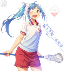 Rule 34 | 1girl, ;d, ahoge, artist logo, artist name, blue hair, bow, breasts, closed eyes, clothes writing, collared shirt, contrapposto, cowboy shot, fang, gym shirt, gym shorts, hair bow, highres, holding, lacrosse stick, long hair, one eye closed, open mouth, original, pairan, purple eyes, red shorts, sakamoto yume (pairan), shirt, short sleeves, shorts, side ponytail, simple background, small breasts, smile, solo, white background, white bow