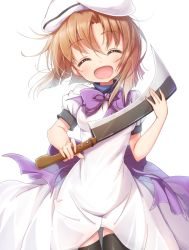 Rule 34 | 1girl, ^ ^, black thighhighs, blush, bow, breasts, brown hair, closed eyes, commentary request, dress, false smile, hat, hatchet, higurashi no naku koro ni, holding, holding weapon, matokechi, medium breasts, nata (tool), open mouth, puffy short sleeves, puffy sleeves, purple bow, ryuuguu rena, short hair, short sleeves, simple background, smile, solo, standing, thighhighs, weapon, white background, white dress, wind