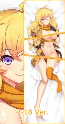 Rule 34 | 1girl, ;), ahoge, bad id, bad pixiv id, barefoot, bed sheet, billie (meng gong fang), black gloves, blonde hair, blue eyes, blush, breasts, cleavage, dakimakura (medium), fingerless gloves, from above, full body, gloves, groin, hand on own hip, large breasts, long hair, looking at viewer, lying, navel, on back, one eye closed, rwby, shiny skin, smile, solo, thighhighs, underboob, very long hair, yang xiao long, yellow thighhighs