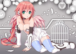 Rule 34 | 1girl, :o, angel wings, bare shoulders, birdcage, blue thighhighs, boots, breasts, cage, chain, cleavage, collar, detached sleeves, feathers, green eyes, ikaros, ikeda yuuki, long hair, looking at viewer, pink hair, solo, sora no otoshimono, thighhighs, wings