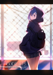 Rule 34 | 10s, 1girl, alternate eye color, backlighting, backpack, bag, black skirt, blue eyes, blue hair, blurry, blurry background, bright pupils, character name, closed mouth, copyright name, darling in the franxx, day, depth of field, from behind, hair between eyes, hair ornament, hairclip, highres, hood, hood up, hoodie, ichigo (darling in the franxx), letterboxed, long sleeves, looking at viewer, looking back, miniskirt, outdoors, pleated skirt, short hair, skirt, sola7764, solo, standing, sunlight, thighs