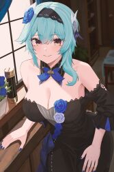 Rule 34 | 1girl, absurdres, alternate costume, bare shoulders, black dress, black hairband, black headband, blue flower, blue hair, blue nails, blue rose, blush, breasts, cleavage, closed mouth, curtains, detached collar, dress, eula (genshin impact), flower, genshin impact, hair between eyes, hair flower, hair ornament, hairband, headband, highres, indoors, large breasts, long sleeves, looking at viewer, medium hair, nvl, off-shoulder dress, off shoulder, official alternate costume, rose, smile, solo, window, yellow eyes