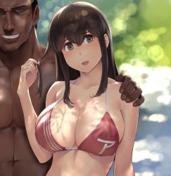 Rule 34 | 1boy, 1girl, :d, akagi (kancolle), arm around shoulder, bikini, blurry, blurry background, blush, breasts, brown eyes, brown hair, cleavage, collarbone, commentary request, dappled sunlight, dark-skinned male, dark skin, depth of field, highres, kantai collection, large breasts, long hair, looking at viewer, macho admiral (wa (genryusui)), manly, open mouth, outdoors, playing with own hair, red bikini, shade, smile, sunlight, swimsuit, upper body, wa (genryusui)