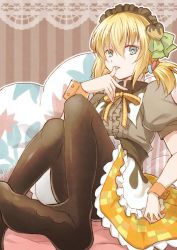 Rule 34 | 1girl, black pantyhose, blonde hair, blue eyes, center frills, edna (tales), frills, grey shirt, hair between eyes, heart, looking at viewer, maid headdress, mishiro (andante), orange ribbon, outline, pantyhose, puffy short sleeves, puffy sleeves, ribbon, shirt, short hair, short sleeves, short twintails, sitting, skirt, solo, striped, striped background, tales of (series), tales of zestiria, tongue, tongue out, twintails, valentine, vertical stripes, white outline, wrist cuffs