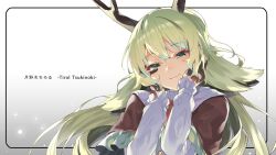 Rule 34 | 1girl, animare, antlers, awase kazuwara, black gloves, blonde hair, blush, brown capelet, capelet, character name, closed mouth, commentary request, frilled capelet, frills, gloves, green eyes, grey background, hair between eyes, half gloves, hands on own cheeks, hands on own face, highres, horns, long hair, long sleeves, looking at viewer, medium bangs, nanashi inc., shirt, smile, solo, tsukinoki tirol, upper body, virtual youtuber, white shirt
