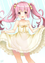 Rule 34 | 10s, 1girl, :d, bare shoulders, collarbone, comic girls, commentary request, dress, fang, frilled dress, frills, hair ribbon, long hair, looking at viewer, moeta kaoruko, open mouth, pink eyes, ribbon, skirt hold, smile, solo, sundress, twintails, win opz, yellow dress, yellow ribbon