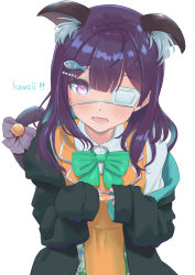 Rule 34 | 1girl, absurdres, animal ears, blush, cat ears, cat tail, commentary request, eyepatch, fish hair ornament, hair ornament, hairclip, hanayori jyoshiryou, highres, index fingers together, jacket, kohigashi hitona, looking at viewer, medium hair, open mouth, purple eyes, ribbon, school uniform, simple background, solo, tail, umirororo, virtual youtuber, white background