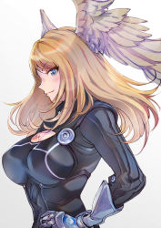 Rule 34 | 1girl, absurdres, black bodysuit, bodysuit, breast tattoo, breasts, cleavage, cleavage cutout, clothing cutout, eunie (xenoblade), head wings, highres, large breasts, simple background, solo, tattoo, ug333333, white background, white wings, wings, xenoblade chronicles (series), xenoblade chronicles 3