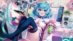 Rule 34 | 1girl, :d, absurdres, ahoge, andychen, animal ear fluff, animal ears, blue eyes, blue hair, bow, breasts, cat ears, cat tail, chair, cleavage, crop top, cup, fang, gaming chair, hair bow, handheld game console, headphones, headphones removed, highres, holding, holding cup, holding handheld game console, indie virtual youtuber, indoors, jacket, lanmewko, long sleeves, medium breasts, microphone, monitor, nintendo switch, no shoes, open clothes, open jacket, open mouth, plant, prehensile hair, sitting sideways, smile, solo, stuffed animal, stuffed rabbit, stuffed toy, swivel chair, tail, thighhighs, virtual youtuber, white jacket