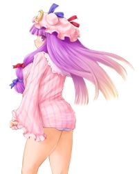 Rule 34 | 1girl, ass, babydoll, blush, breasts, crescent, female focus, hat, kasuga yukihito, large breasts, long hair, nightgown, panties, patchouli knowledge, purple eyes, purple hair, revision, see-through, solo, striped clothes, striped panties, touhou, underwear