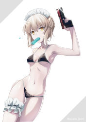 Rule 34 | 1girl, arm behind back, armpits, artoria pendragon (all), artoria pendragon (alter swimsuit rider) (fate), artoria pendragon (alter swimsuit rider) (second ascension) (fate), artoria pendragon (fate), bare arms, bare shoulders, bikini, black bikini, blonde hair, braid, breasts, breasts apart, bridal garter, collarbone, commentary request, contrapposto, cowboy shot, fate/grand order, fate (series), finger on trigger, fingernails, food, french braid, frills, gluteal fold, groin, gun, hair between eyes, hair bun, hand on own hip, hand on thigh, hand up, handgun, highres, holding, holding gun, holding weapon, isshi pyuma, long fingernails, looking at viewer, maid, maid bikini, maid headdress, medium breasts, mouth hold, navel, popsicle, revision, saber alter, short hair, sidelocks, simple background, single hair bun, small breasts, solo, standing, stomach, string bikini, swimsuit, thigh gap, tsurime, twitter username, unconventional maid, underboob, weapon, white background, yellow eyes