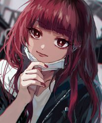 Rule 34 | 1girl, bad id, bad pixiv id, black jacket, blurry, blurry background, closed mouth, collarbone, danjou sora, depth of field, dutch angle, earrings, fingernails, hand up, highres, jacket, jewelry, long hair, looking at viewer, mask, mask pull, mouth mask, nail polish, off shoulder, open clothes, open jacket, original, pulling own clothes, red eyes, red hair, red nails, shirt, solo, stud earrings, surgical mask, white shirt