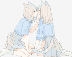 Rule 34 | 2girls, animal ears, blue shirt, blush, cat ears, cat girl, cat tail, commentary request, closed eyes, french kiss, full body, grey background, grey hair, grey skirt, hand on another&#039;s face, holding hands, inutose, kiss, leaning forward, long hair, looking at another, multiple girls, original, pleated skirt, school uniform, shirt, shirt tucked in, short sleeves, simple background, sitting, skirt, sleeves rolled up, socks, tail, tongue, tongue out, wariza, white legwear, yokozuwari, yuri
