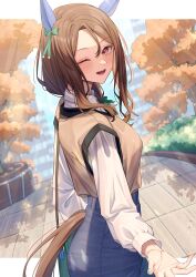 Rule 34 | 1girl, absurdres, aqua nails, bow, brown hair, ear covers, green bow, hair between eyes, hair bow, highres, horse girl, horse tail, isana615, king halo (umamusume), long sleeves, looking at viewer, looking back, one eye closed, open mouth, outdoors, puffy long sleeves, puffy sleeves, red eyes, shirt, smile, solo, tail, tree, umamusume, white shirt