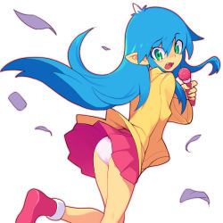 Rule 34 | 1girl, ass, blue hair, boots, clothes lift, copyright request, fang, floating hair, green eyes, holding, holding microphone, long hair, long sleeves, metata, microphone, open mouth, panties, pink footwear, pink skirt, pleated skirt, pointy ears, raincoat, skirt, skirt lift, solo, underwear, very long hair, white panties, wind