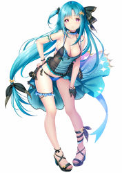 Rule 34 | 1girl, bare legs, bare shoulders, blue hair, breasts, camisole, choker, cleavage, full body, gloves, hair ornament, hair ribbon, highres, long hair, looking at viewer, nail polish, open mouth, original, panties, red eyes, ribbon, sandals, simple background, single glove, skirt, solo, standing, toenail polish, toenails, underwear, very long hair, white background, zizi (zz22)