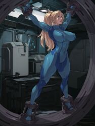1girl abs angry arms_up bdsm biceps blonde_hair blue_eyes bodysuit bondage bound bound_ankles bound_wrists breasts ceiling_light collarbone hair_between_eyes hair_tie head_back high_ponytail highres huge_breasts impossible_clothes indoors latex_suit long_hair machinery messy_hair metroid muscular muscular_female nintendo ponytail restrained samus_aran science_fiction screen sex_machine solo spandex stationary_restraints thick_thighs thighs zero_suit