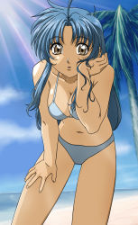 Rule 34 | 00s, 1girl, absurdres, beach, bikini, blue hair, brown eyes, chidori kaname, day, full metal panic!, highres, leaning forward, outdoors, solo, swimsuit, third-party edit