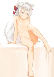 Rule 34 | 10s, 1girl, amatsukaze (kancolle), barefoot, blush, brown eyes, flat chest, full body, hair tubes, highres, kanamura will, kantai collection, leg up, long hair, navel, nipples, nude, silver hair, simple background, sitting, solo, two side up