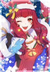 Rule 34 | 1girl, ;), bodysuit, cape, choker, christmas, clothing cutout, dfhnokenbutu, facial mark, fire emblem, fire emblem engage, fire emblem heroes, gloves, hair ornament, hat, highres, holly hair ornament, long hair, looking at viewer, multicolored clothes, nintendo, official alternate costume, one eye closed, open mouth, red bodysuit, red cape, santa hat, side cutout, smile, solo, star (symbol), star hair ornament, star print, yunaka (fire emblem), yunaka (fire emblem) (spirited envoy)